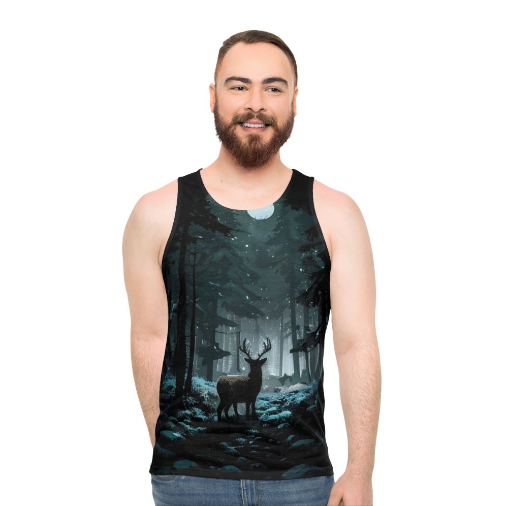 Unisex tank top featuring a winter woods landscape with a deer and the moon
