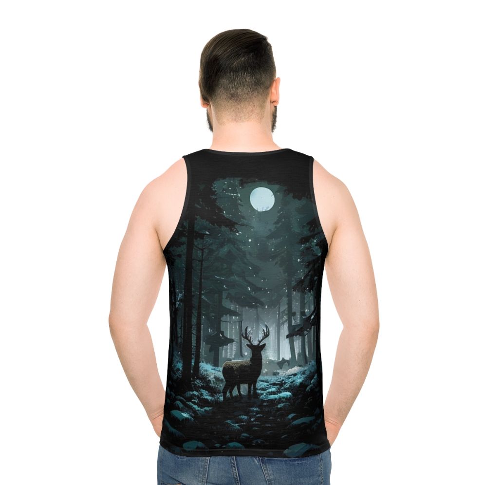 Unisex tank top featuring a winter woods landscape with a deer and the moon