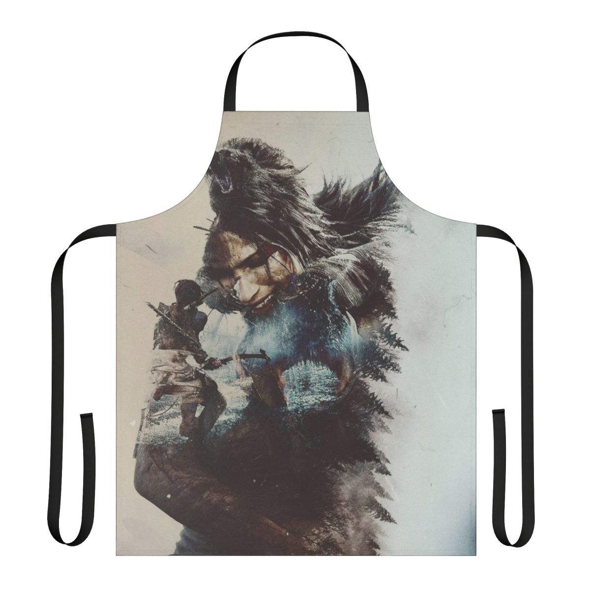 Lara Croft-inspired apron with a winter design, featuring double exposure graphics and a survival theme