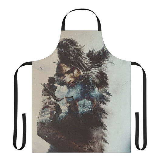 Lara Croft-inspired apron with a winter design, featuring double exposure graphics and a survival theme