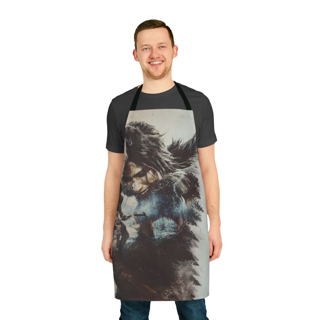 Lara Croft-inspired apron with a winter design, featuring double exposure graphics and a survival theme