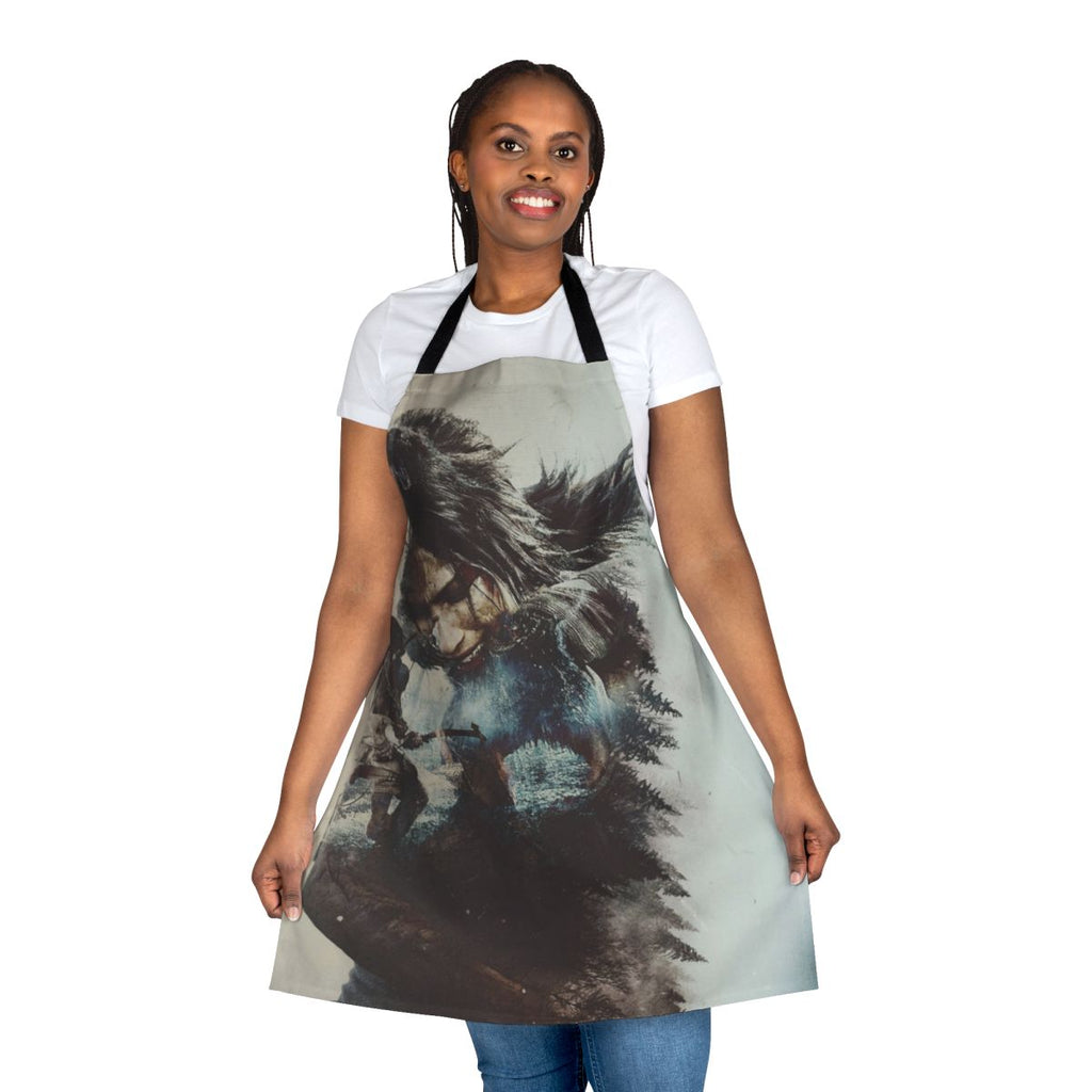Lara Croft-inspired apron with a winter design, featuring double exposure graphics and a survival theme