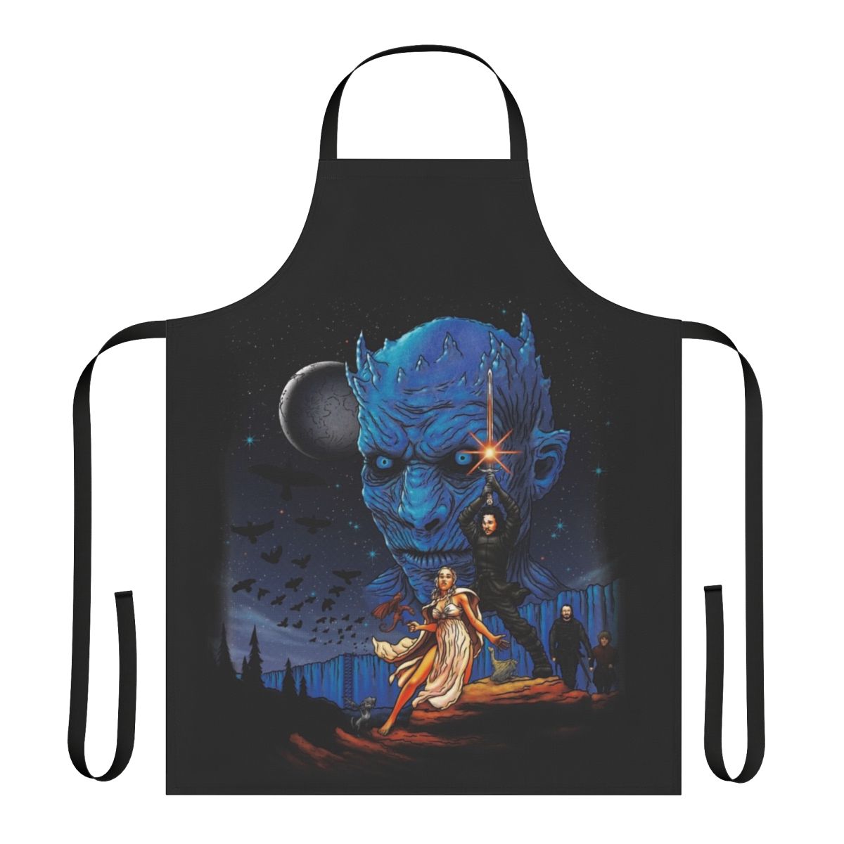 A high-quality apron featuring iconic Game of Thrones imagery like a dragon, the Night King, and the Stark direwolf.