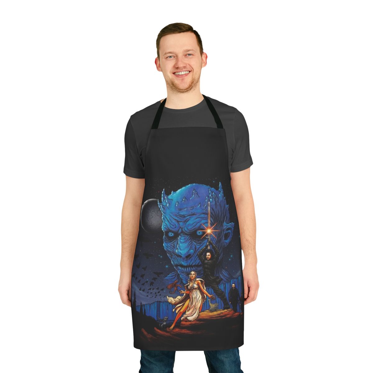 A high-quality apron featuring iconic Game of Thrones imagery like a dragon, the Night King, and the Stark direwolf.