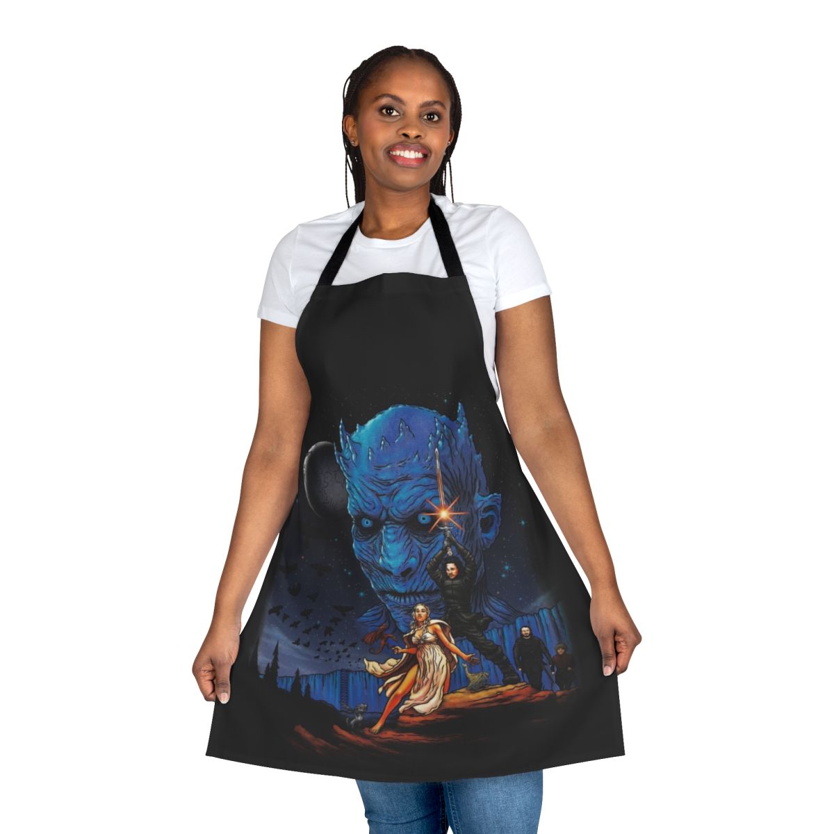 A high-quality apron featuring iconic Game of Thrones imagery like a dragon, the Night King, and the Stark direwolf.