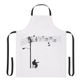 Monochrome vector graphic design apron with wired music themes, including a silhouette of a guitarist, electrical components, and music notes.