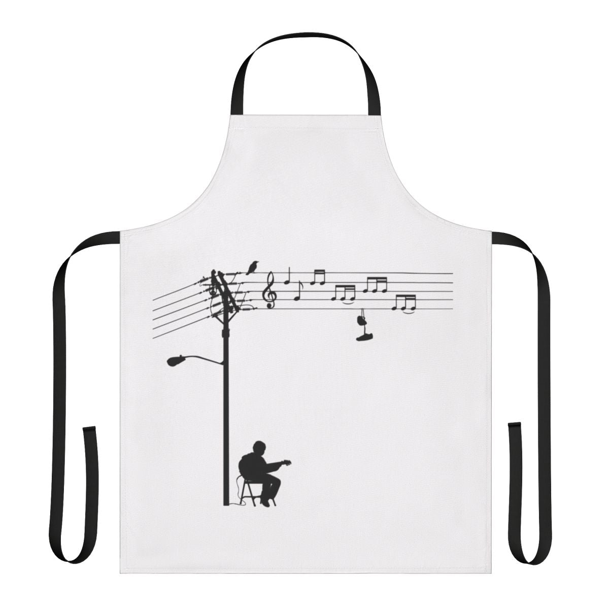 Monochrome vector graphic design apron with wired music themes, including a silhouette of a guitarist, electrical components, and music notes.