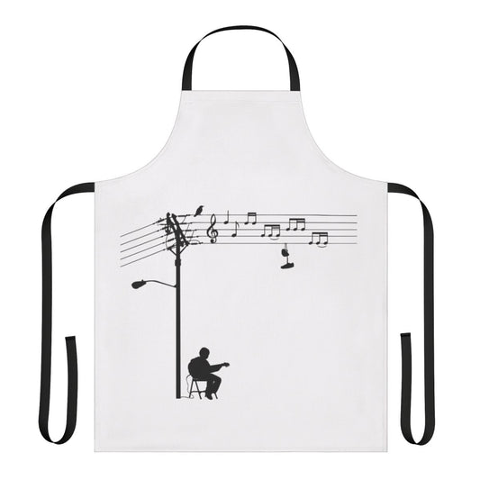 Monochrome vector graphic design apron with wired music themes, including a silhouette of a guitarist, electrical components, and music notes.