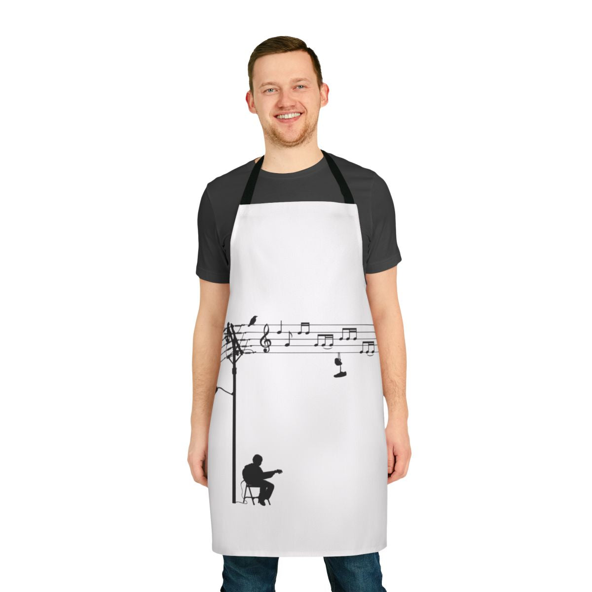 Monochrome vector graphic design apron with wired music themes, including a silhouette of a guitarist, electrical components, and music notes.