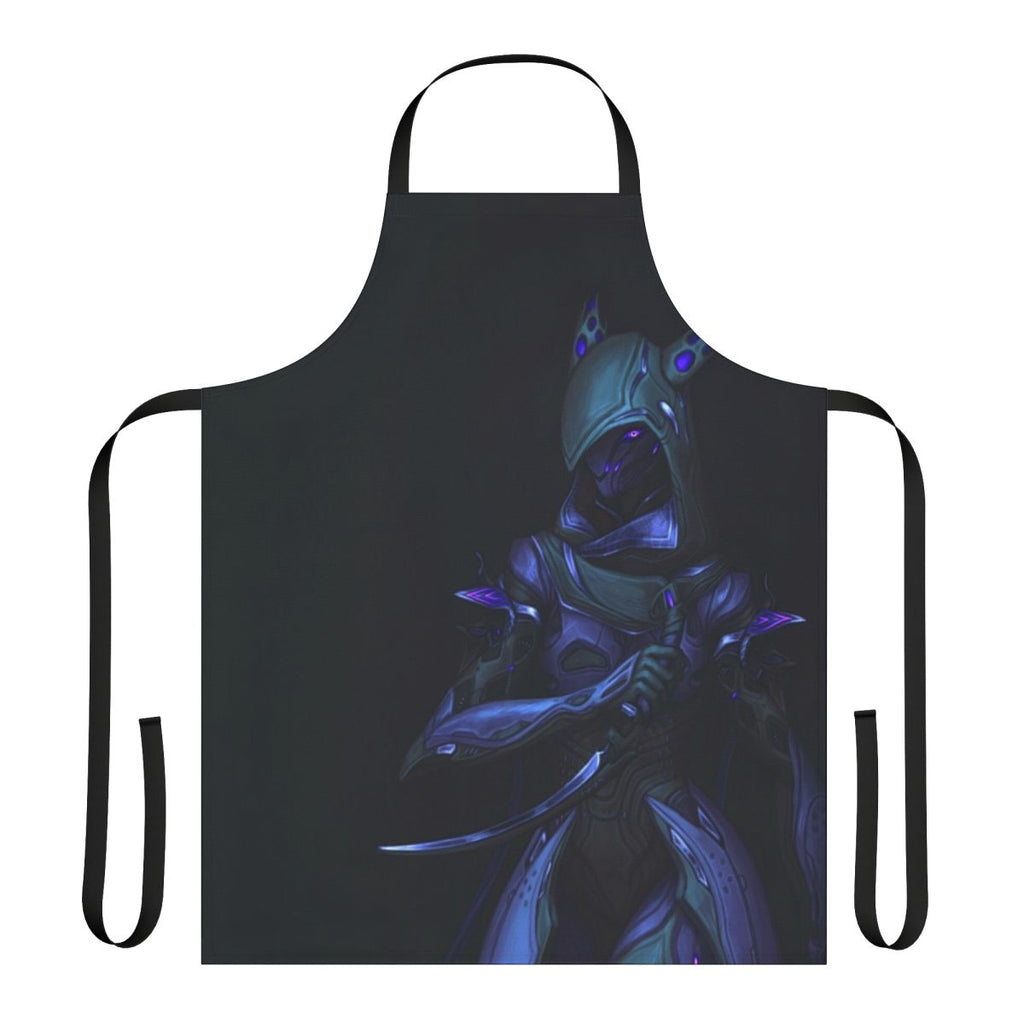 Vibrant, glowing apron featuring the Warframe character Wisp, with neon energy effects.