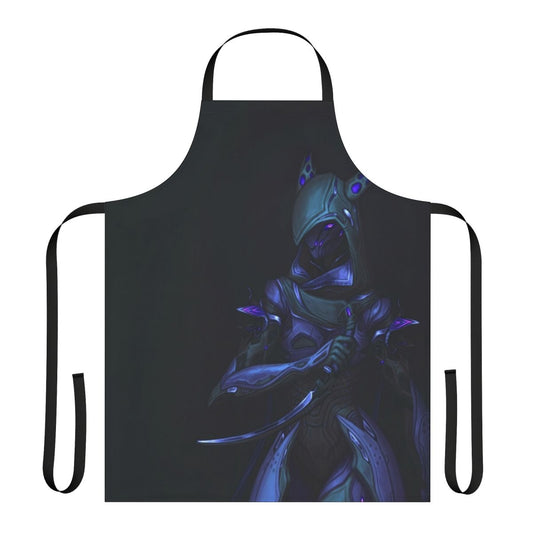 Vibrant, glowing apron featuring the Warframe character Wisp, with neon energy effects.