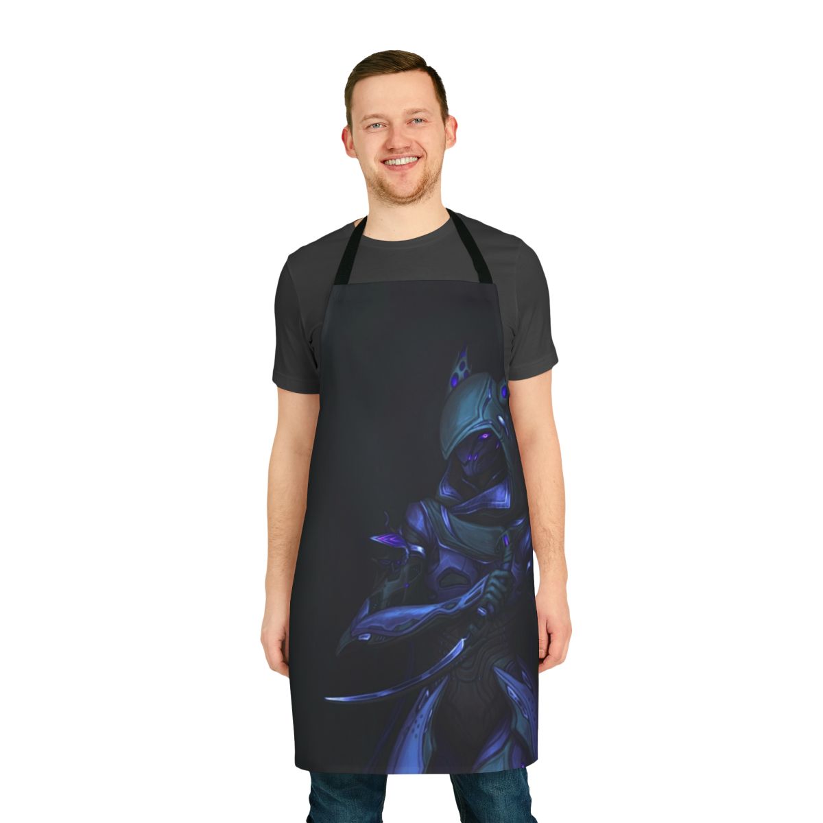 Vibrant, glowing apron featuring the Warframe character Wisp, with neon energy effects.