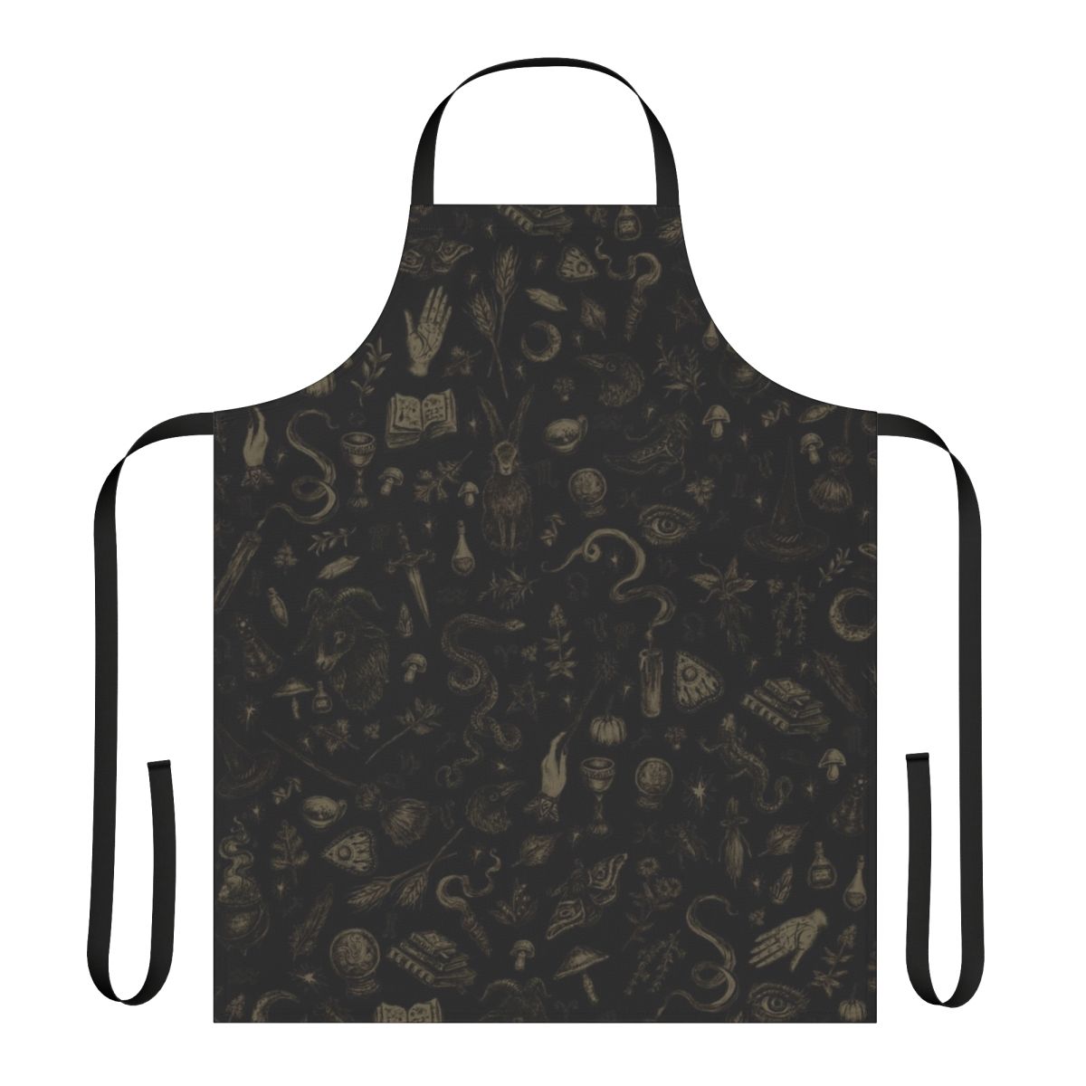 A black and beige apron featuring witchy motifs like rabbits, goats, and moths.