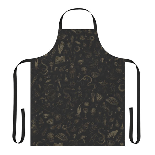 A black and beige apron featuring witchy motifs like rabbits, goats, and moths.