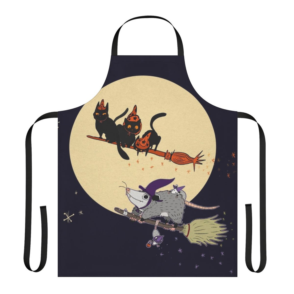 A whimsical apron featuring a cartoon opossum or black cat, perfect for witches, Halloween, and everyday wear.