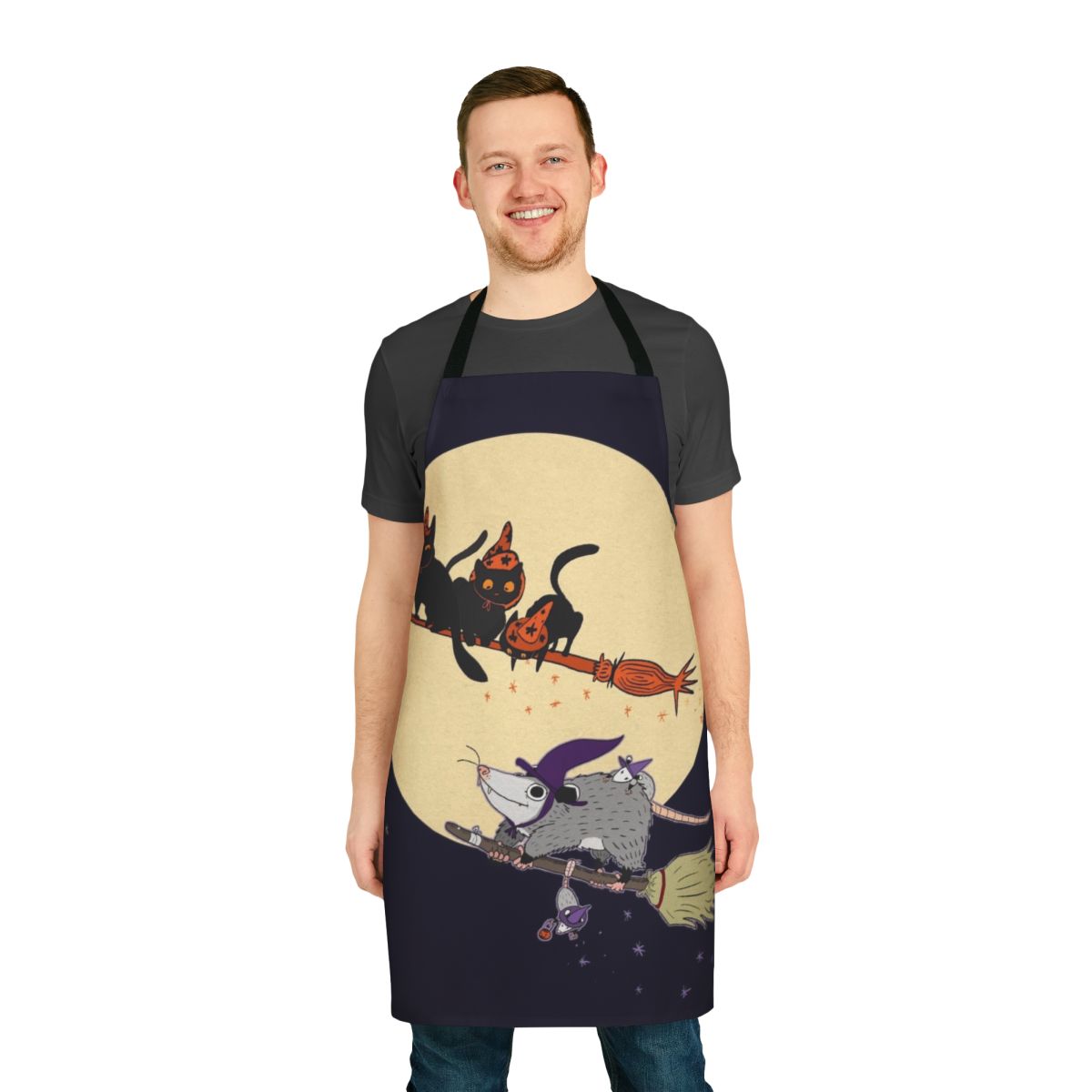A whimsical apron featuring a cartoon opossum or black cat, perfect for witches, Halloween, and everyday wear.