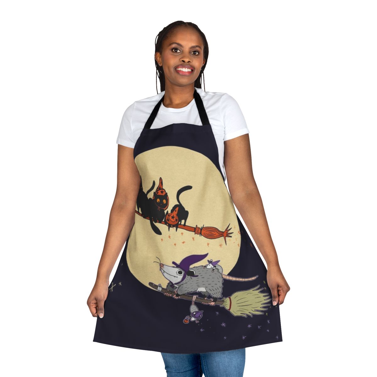 A whimsical apron featuring a cartoon opossum or black cat, perfect for witches, Halloween, and everyday wear.