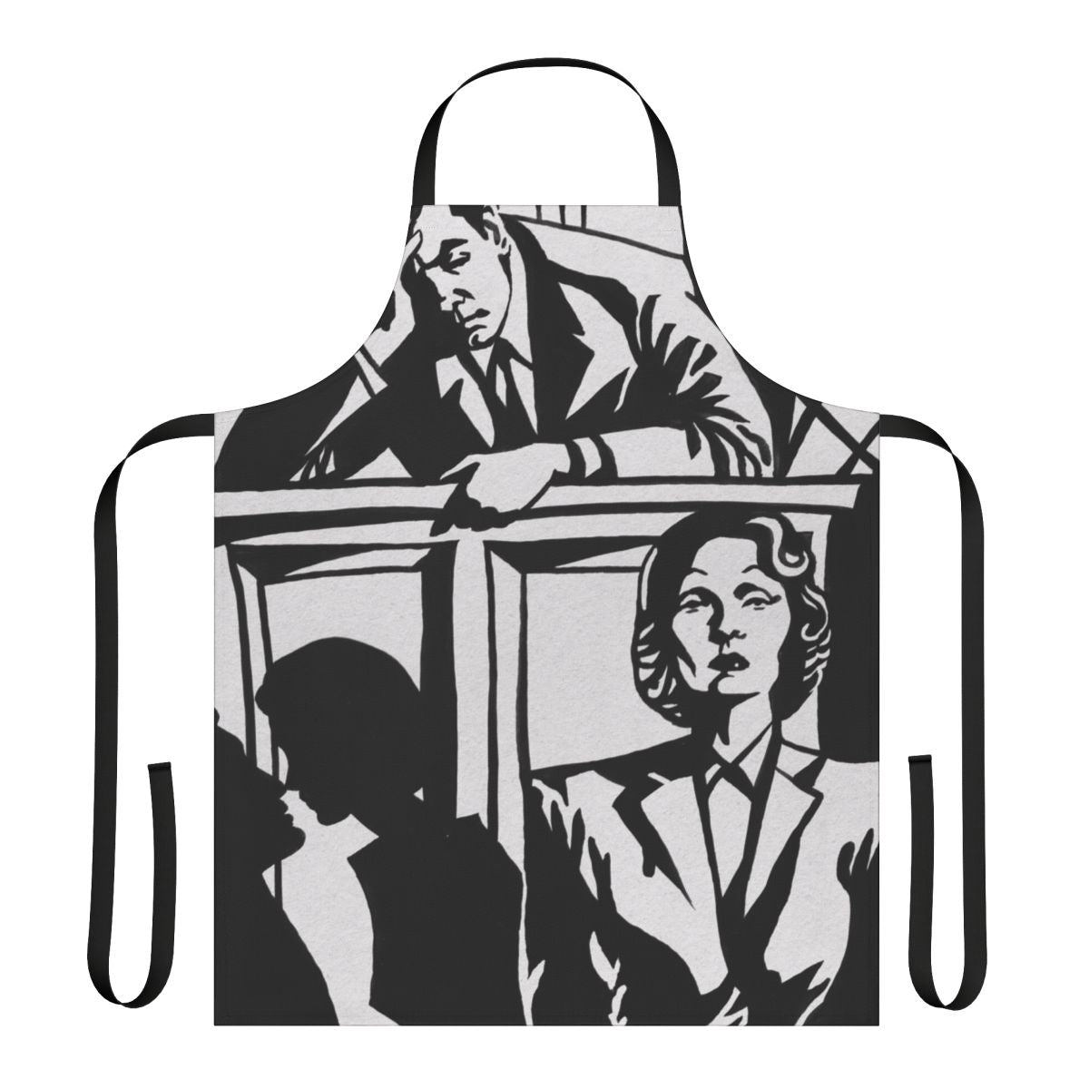 Witness Prosecution inspired apron featuring black and white expressionist art by Alejandro Mogollo