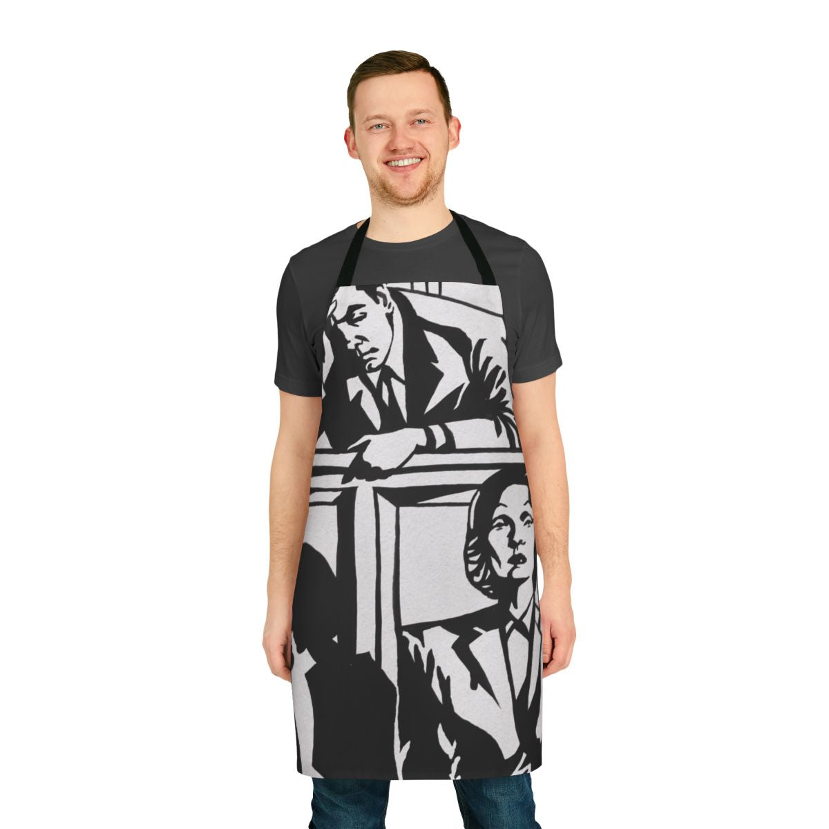 Witness Prosecution inspired apron featuring black and white expressionist art by Alejandro Mogollo