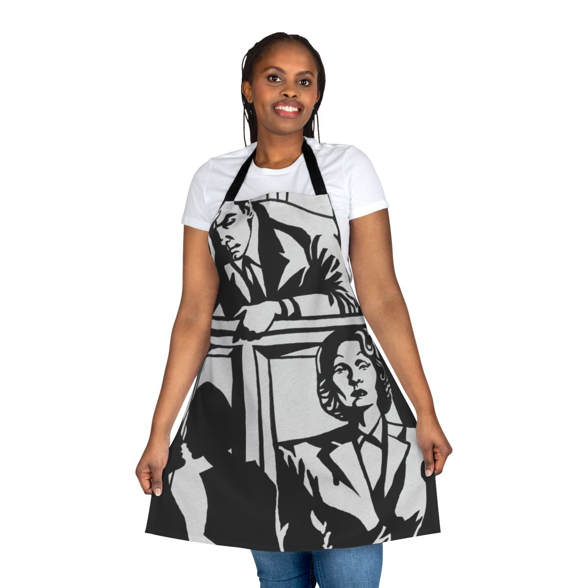 Witness Prosecution inspired apron featuring black and white expressionist art by Alejandro Mogollo