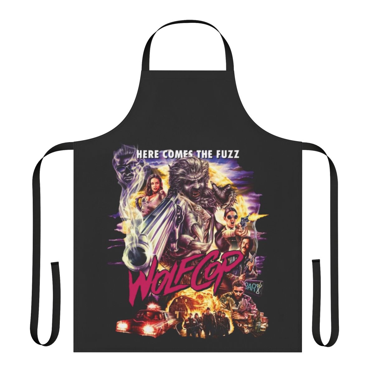 Wolfcop-inspired pop culture apron featuring a fun, horror-comedy design