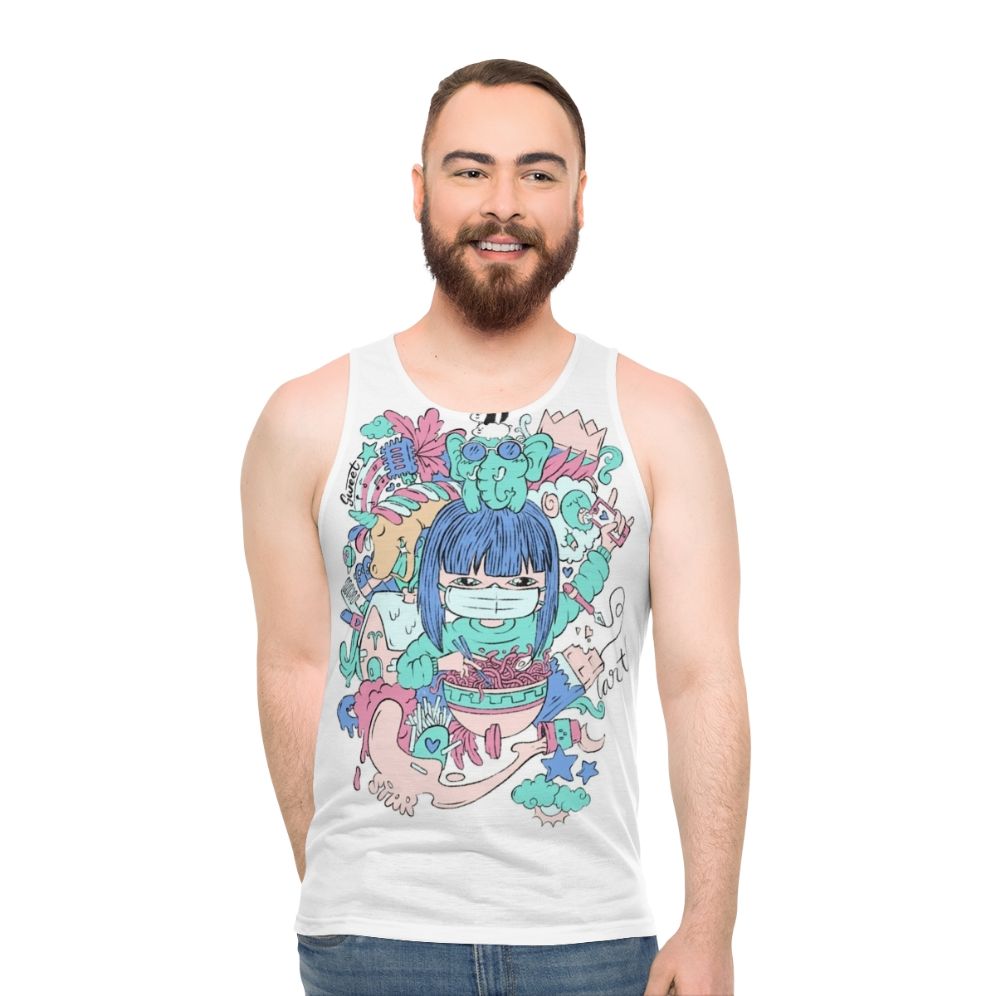 Unisex tank top featuring women's hobbies and cute animals like unicorns, bears, and elephants