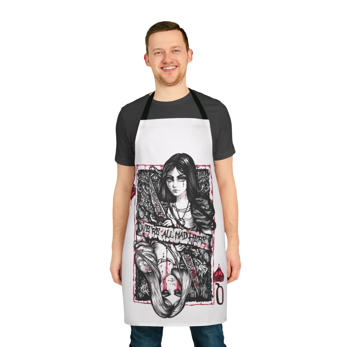 Vibrant Alice in Wonderland-themed apron featuring the iconic Cheshire Cat