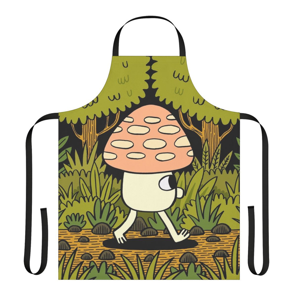 A whimsical apron featuring a woodland scene with mushrooms, leaves, and ferns in shades of green and yellow.