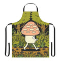 A whimsical apron featuring a woodland scene with mushrooms, leaves, and ferns in shades of green and yellow.