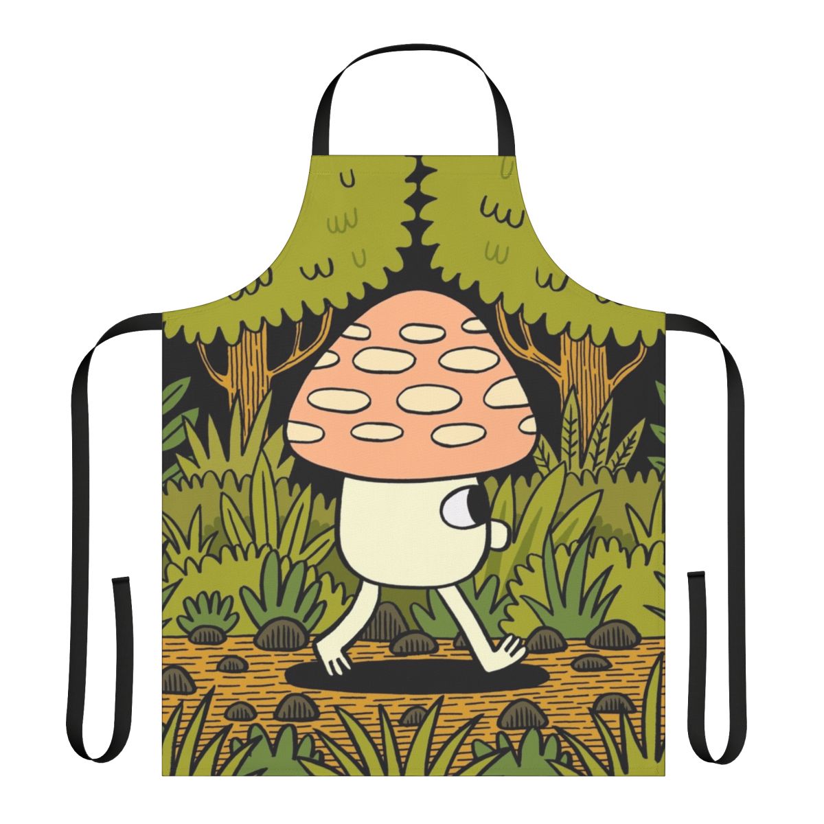 A whimsical apron featuring a woodland scene with mushrooms, leaves, and ferns in shades of green and yellow.