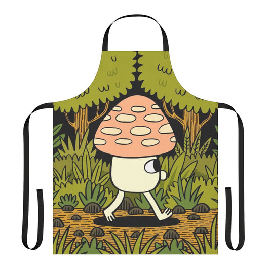 A whimsical apron featuring a woodland scene with mushrooms, leaves, and ferns in shades of green and yellow.