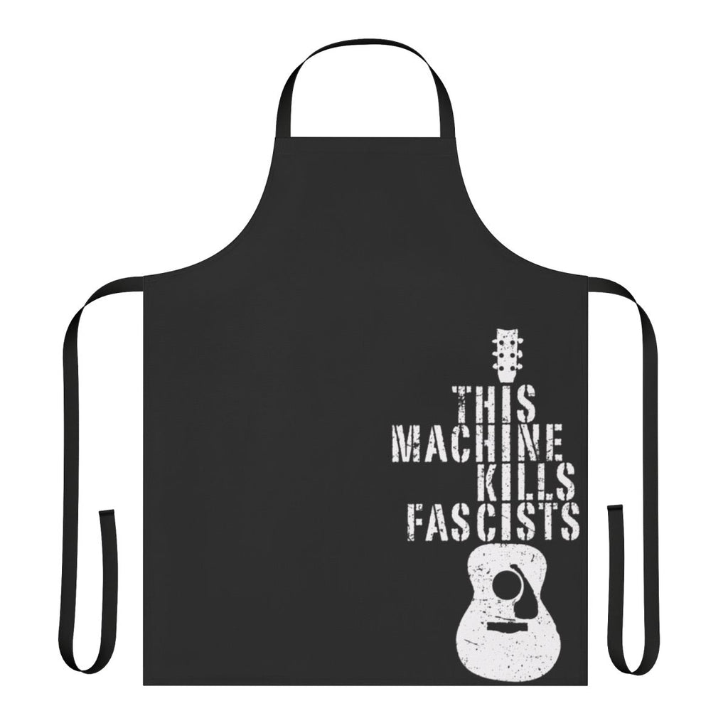 Woody Guthrie inspired anti-fascist apron with text "This Machine Doesn't Kill Fascists"