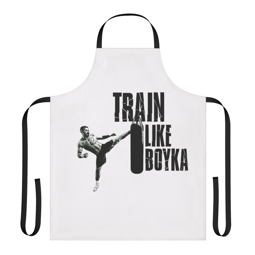 Person wearing a black apron with the text "Train Like Boyka" printed on it