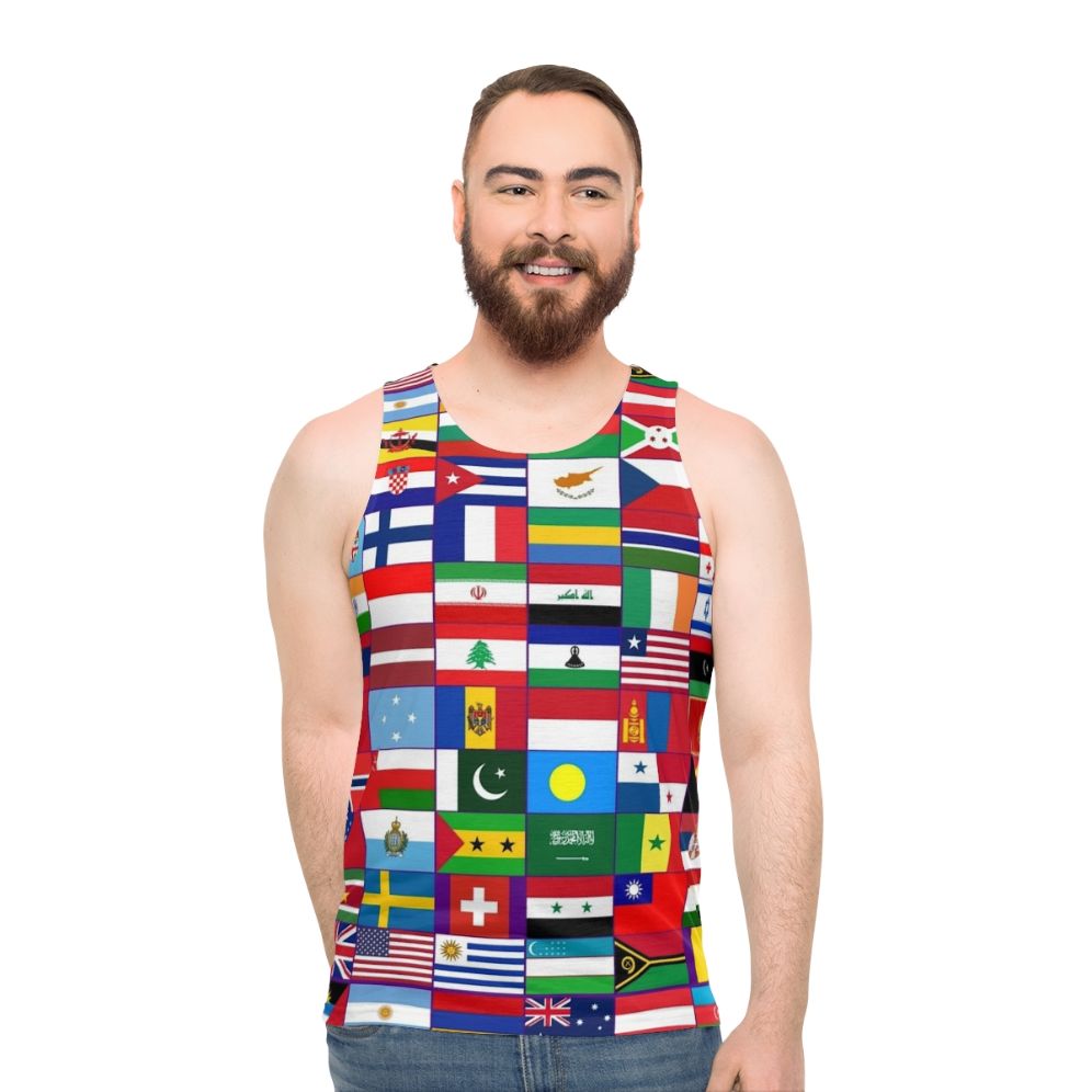 Unisex tank top with vibrant world flags design