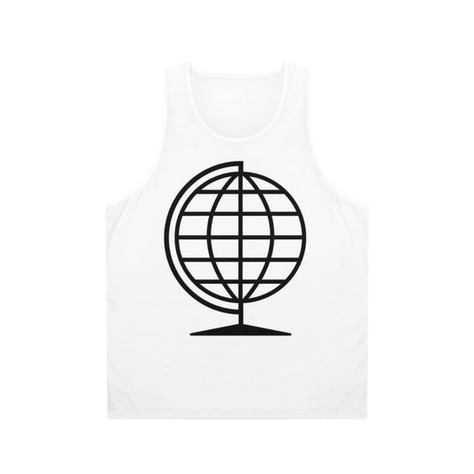 Unisex tank top featuring a world map globe design for travel enthusiasts