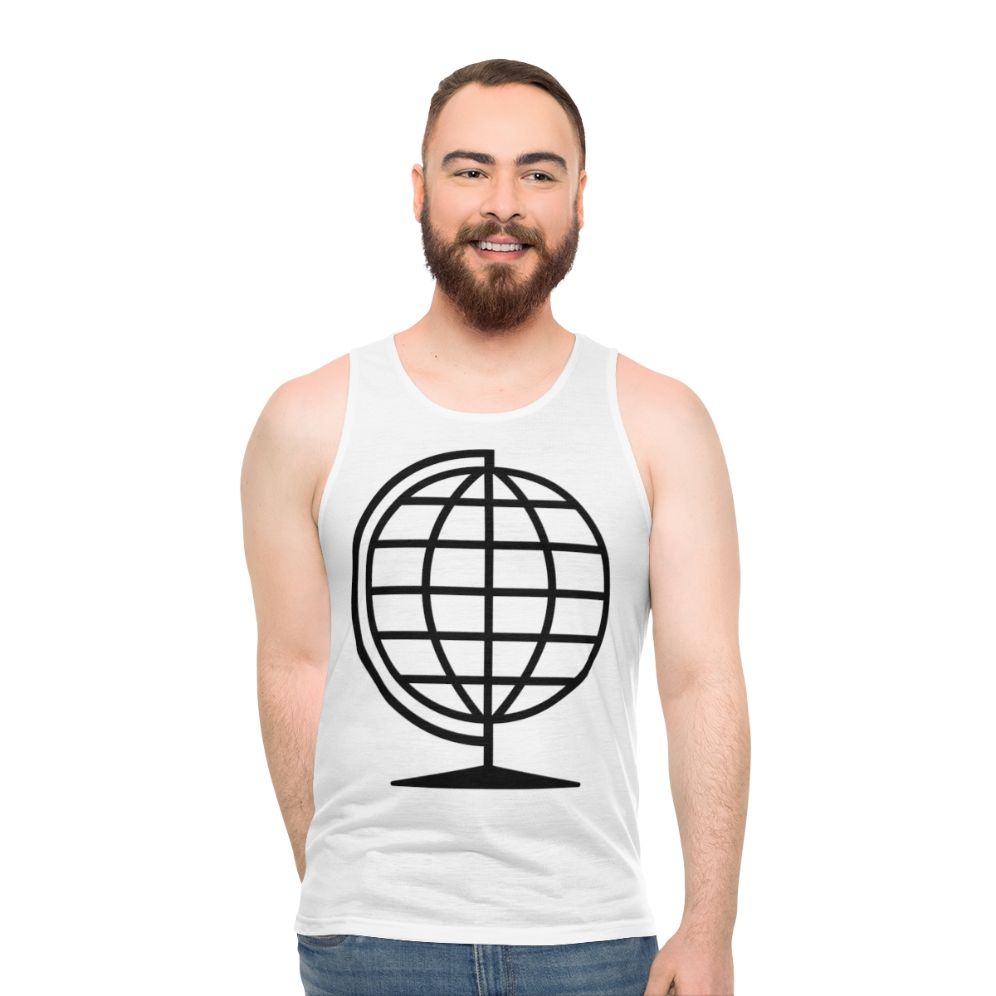 Unisex tank top featuring a world map globe design for travel enthusiasts
