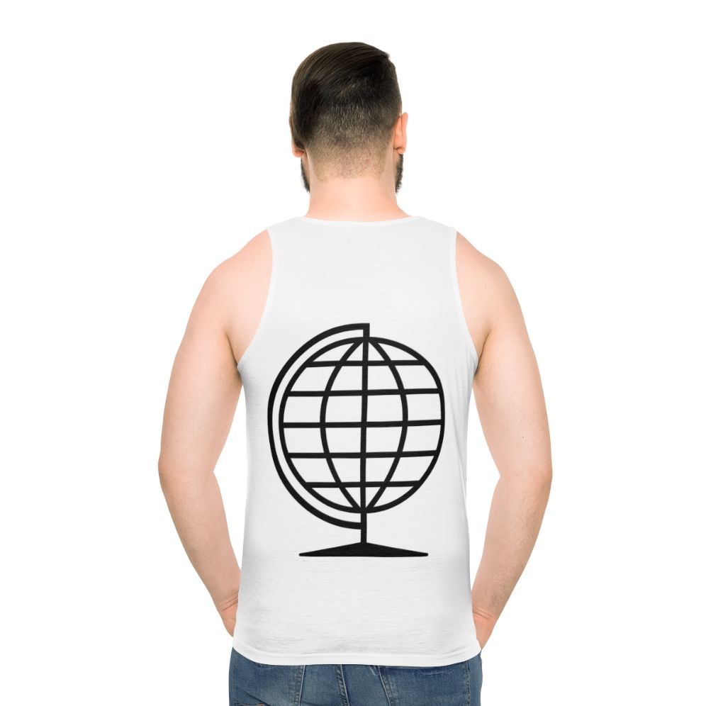 Unisex tank top featuring a world map globe design for travel enthusiasts