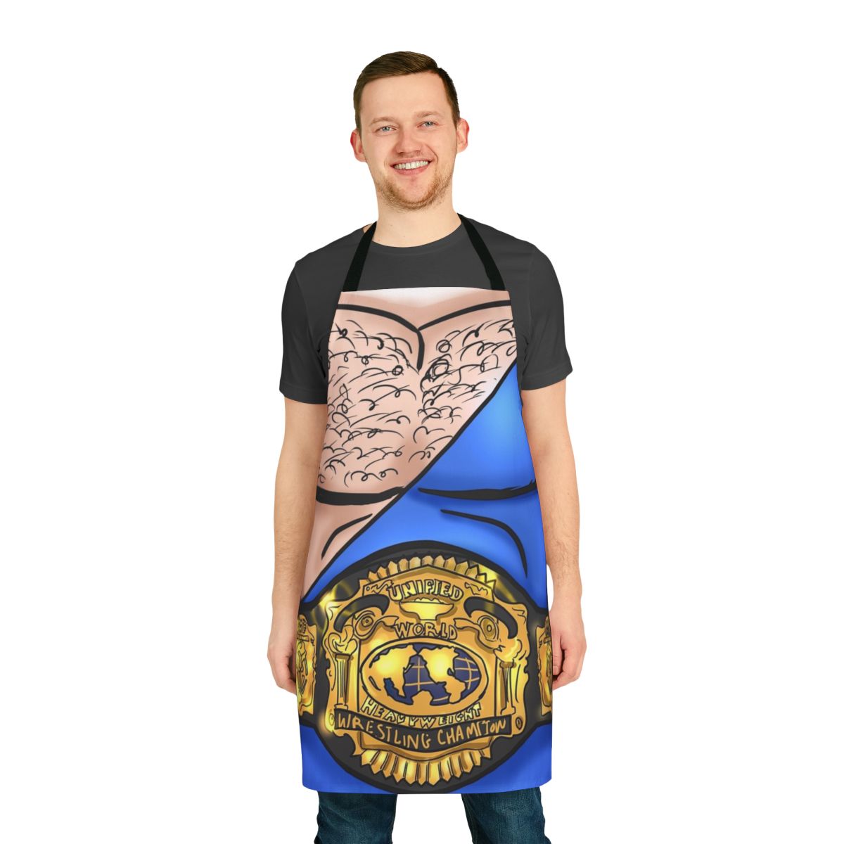 Wrestling-inspired apron featuring a championship belt design