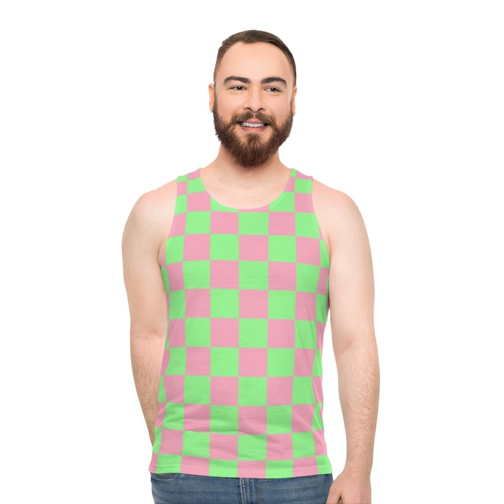 Y2K-inspired checkered unisex tank top in pink and green