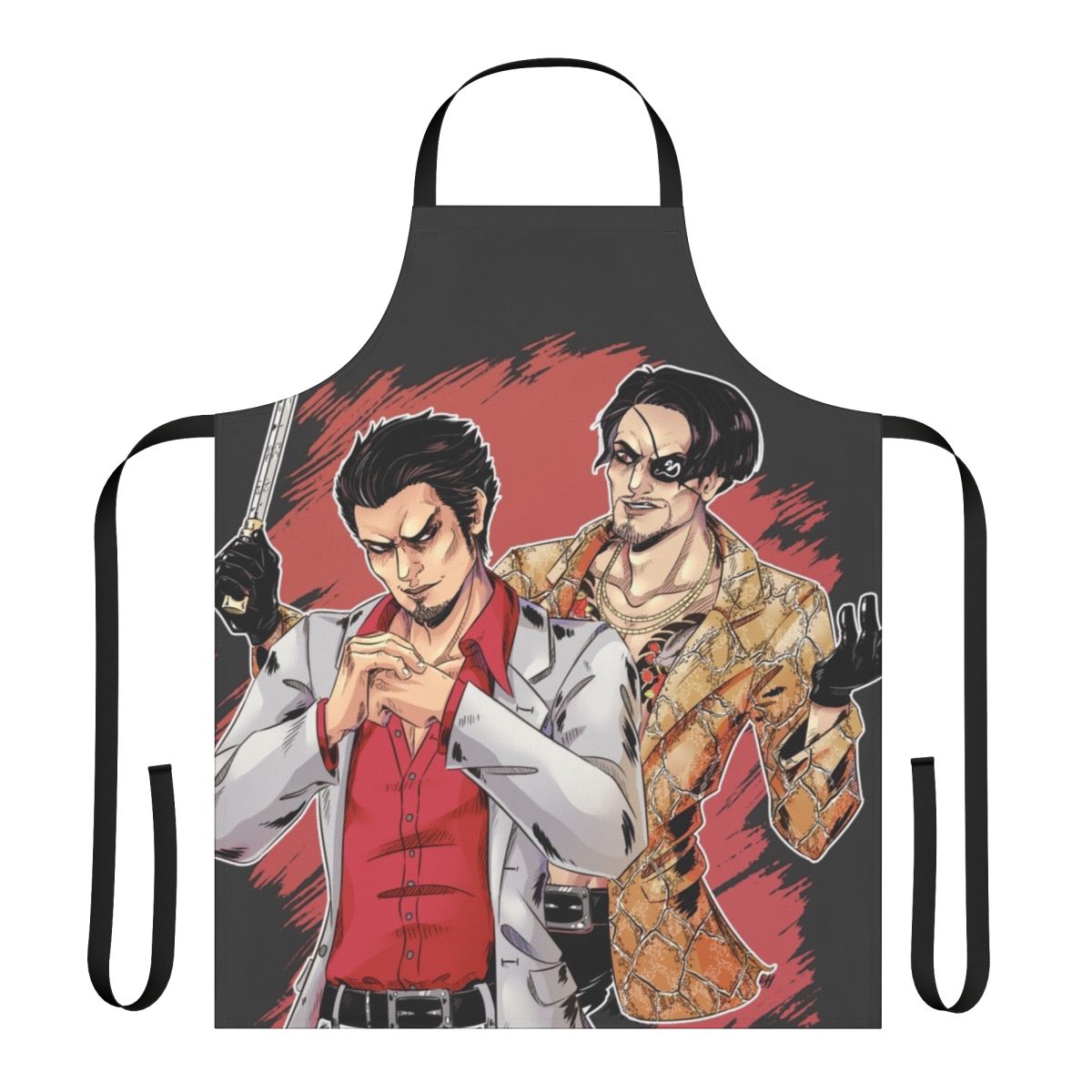 "Yakuza-inspired apron featuring Majima Goro and Kiryu Kazuma from the Ryu ga Gotoku video game series"
