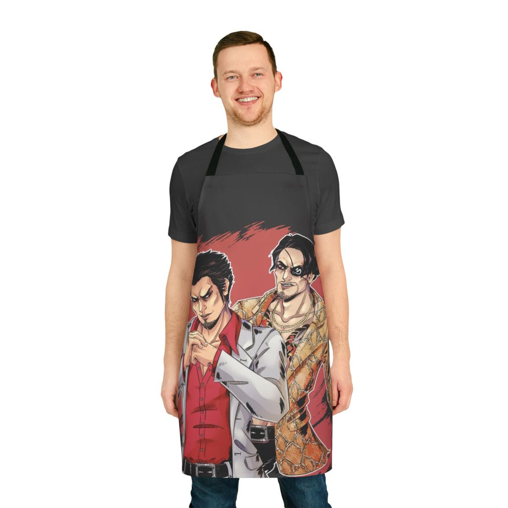 "Yakuza-inspired apron featuring Majima Goro and Kiryu Kazuma from the Ryu ga Gotoku video game series"