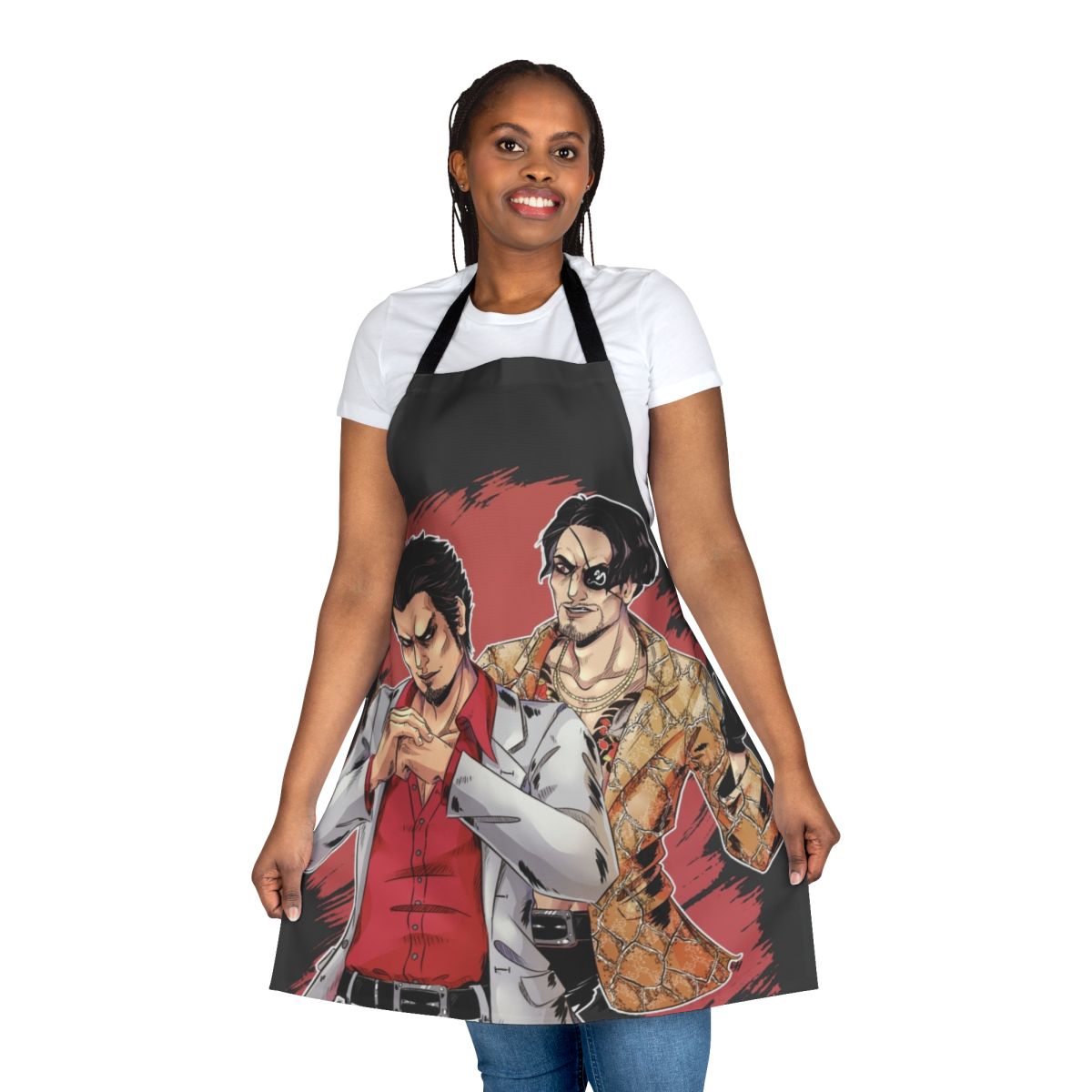 "Yakuza-inspired apron featuring Majima Goro and Kiryu Kazuma from the Ryu ga Gotoku video game series"