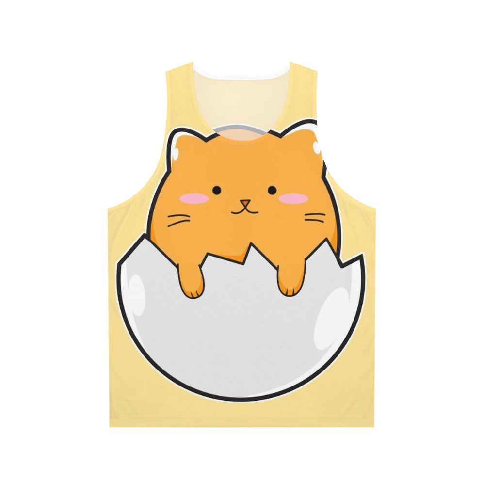 Unisex tank top with a vibrant yellow cat egg print design