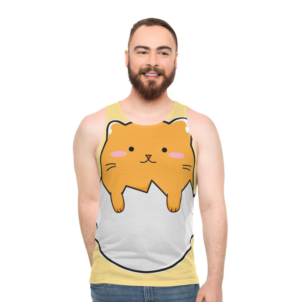 Unisex tank top with a vibrant yellow cat egg print design