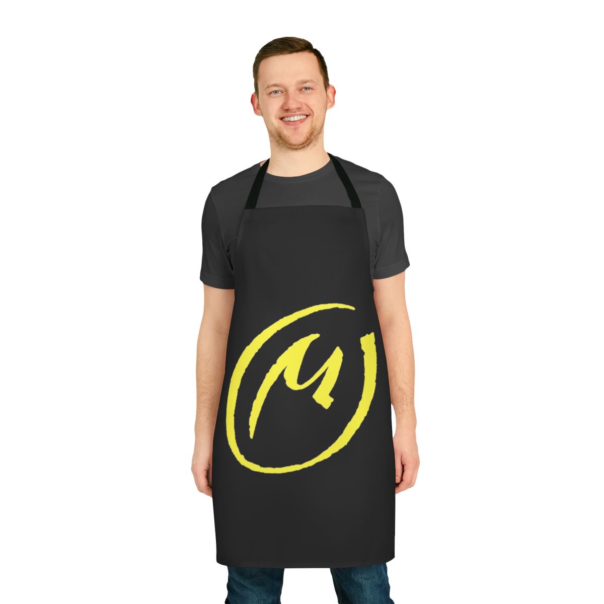 A yellow-colored apron featuring a design inspired by the classic Blake and Mortimer comics series.