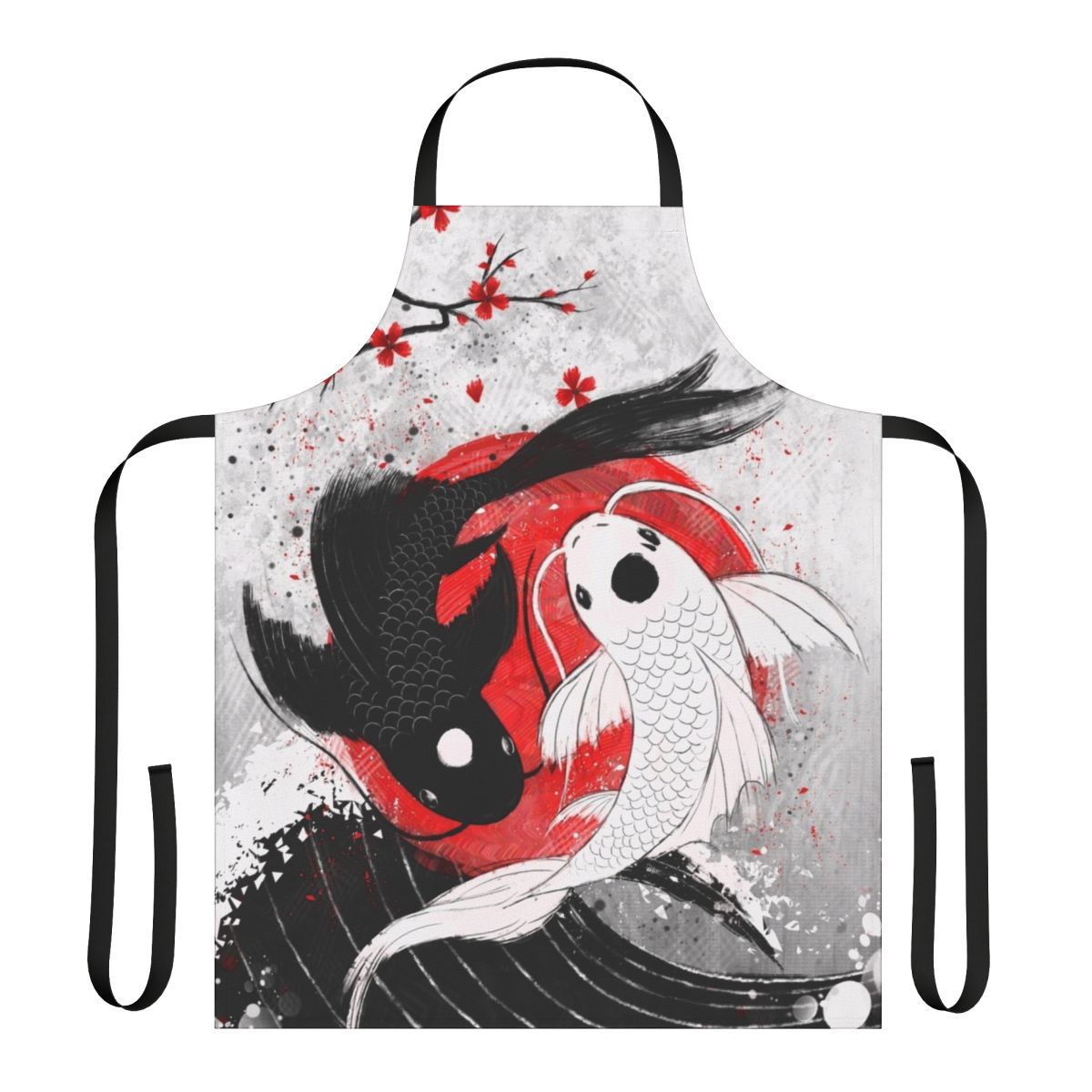 Yin yang koi fish design kitchen apron with black, red, and white colors