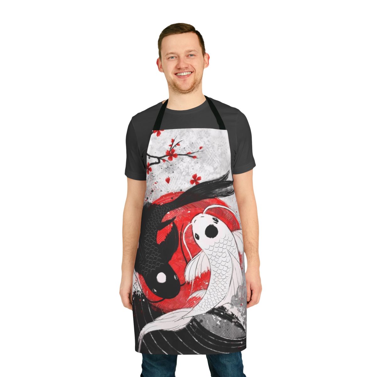 Yin yang koi fish design kitchen apron with black, red, and white colors