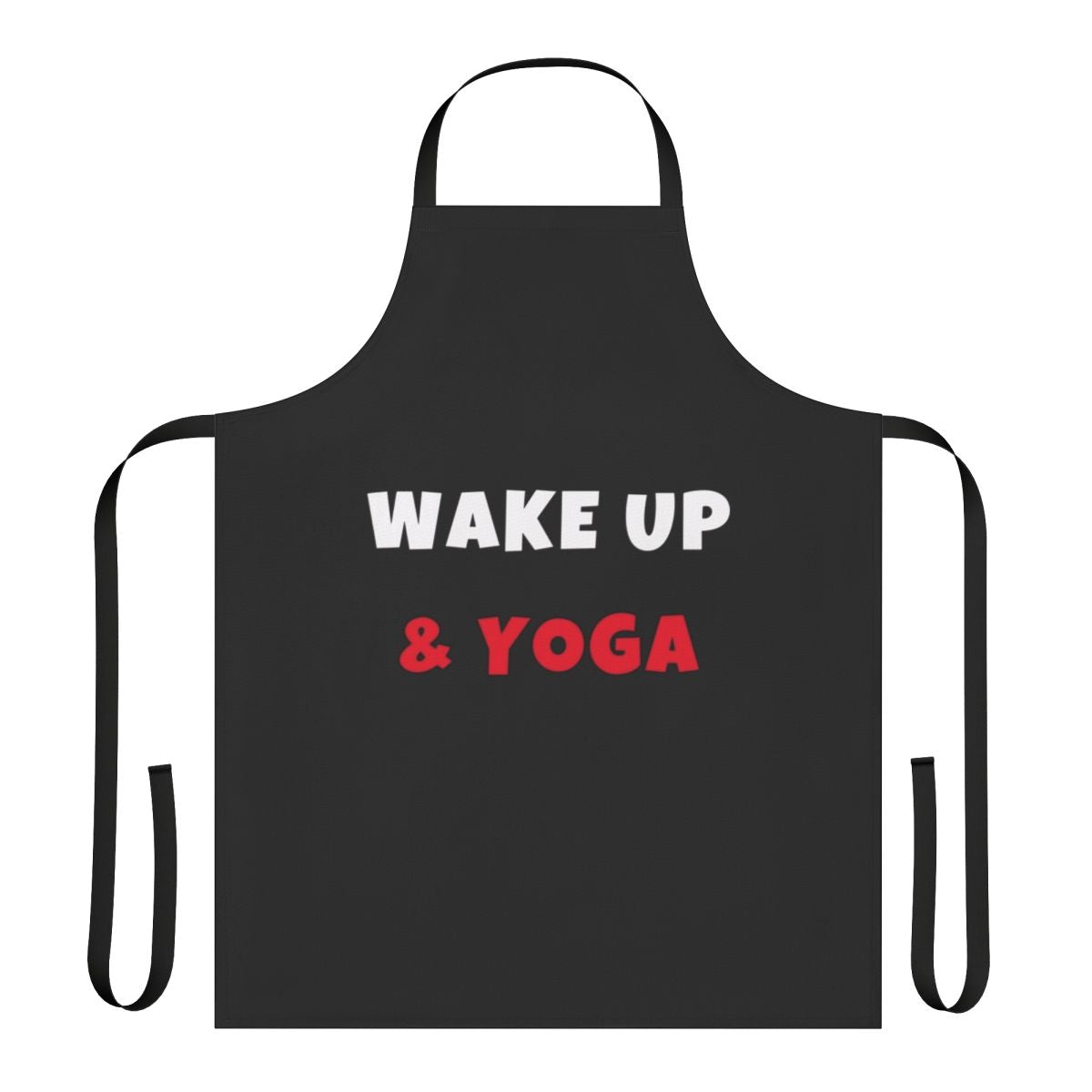 A colorful apron with yoga-inspired graphics and "Wake Up And Yoga" text.