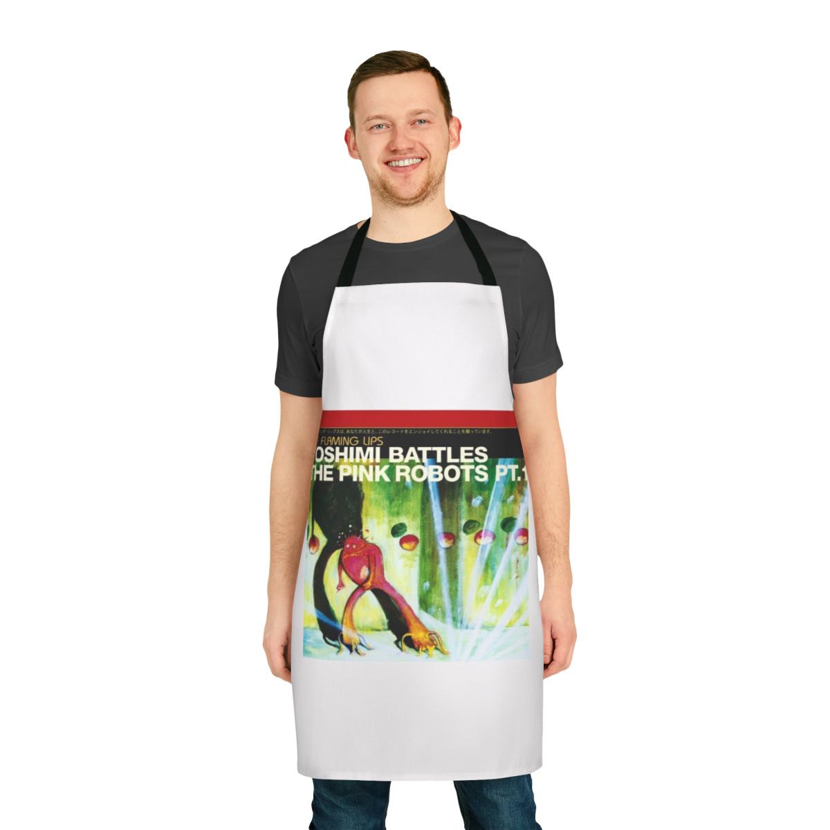 Yoshimi Battles The Pink Robots inspired apron with robot and sci-fi graphics