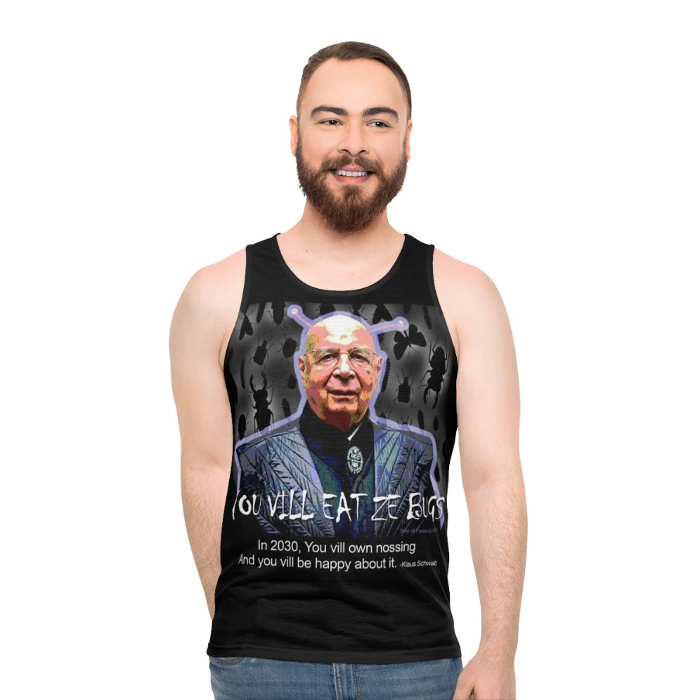 Unisex tank top with "You Will Eat the Bugs" message